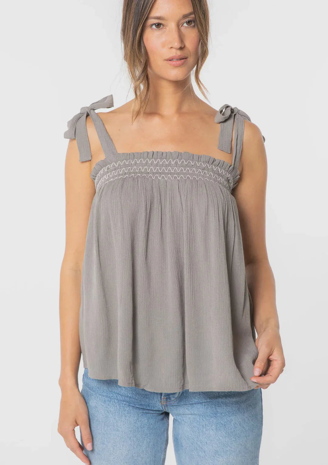 BOHEMIAN TIE SHOULDER SMOCKED TANK TOP