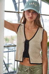CONTRAST LINEN COTTON KNITTED TIE FRONT VEST TOP