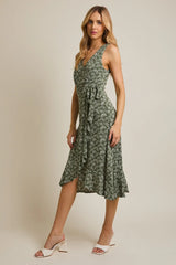 V NECK WAIST TIE SLEEVELESS MIDI DRESS