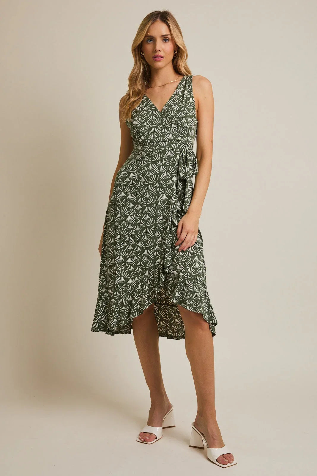 V NECK WAIST TIE SLEEVELESS MIDI DRESS