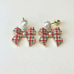 PLAID PEARL DROP GOLD CHRISTMAS EARRINGS