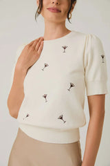 PUFF SLEEVE EMBROIDERED KNIT MARTINI TOP