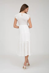 SMOCKED TIERED MIDI DRESS