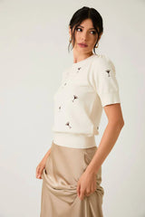 PUFF SLEEVE EMBROIDERED KNIT MARTINI TOP