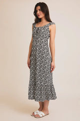 FRONT TIE CAP SLEEVE ABSTRACT PRINT DRESS