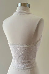 LACE TRIM EYELET HALTER TOP