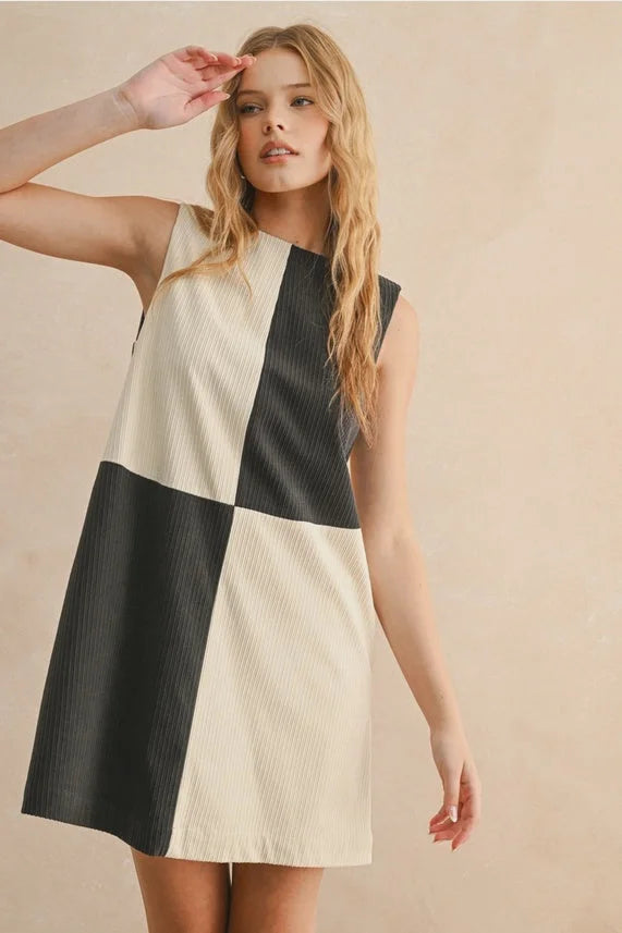 CORDUROY COLOR BLOCK MINI DRESS