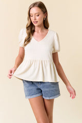 SLUB RIBBED V-NECK PUFF SHORT SLEEVE BABYDOLL TOP