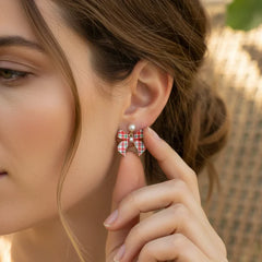 PLAID PEARL DROP GOLD CHRISTMAS EARRINGS