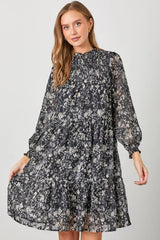 FLORAL PRINT SMOCKED YOKE TIERED DRESS