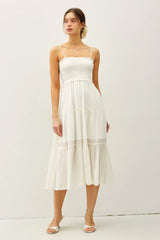 SHEER SMOCKED BODICE MIDI DRESS