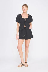 LINEN BLEND PUFF SHORT SLEEVE LACE-UP TOP