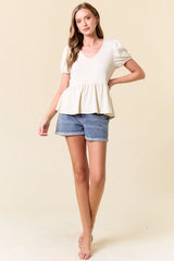 SLUB RIBBED V-NECK PUFF SHORT SLEEVE BABYDOLL TOP